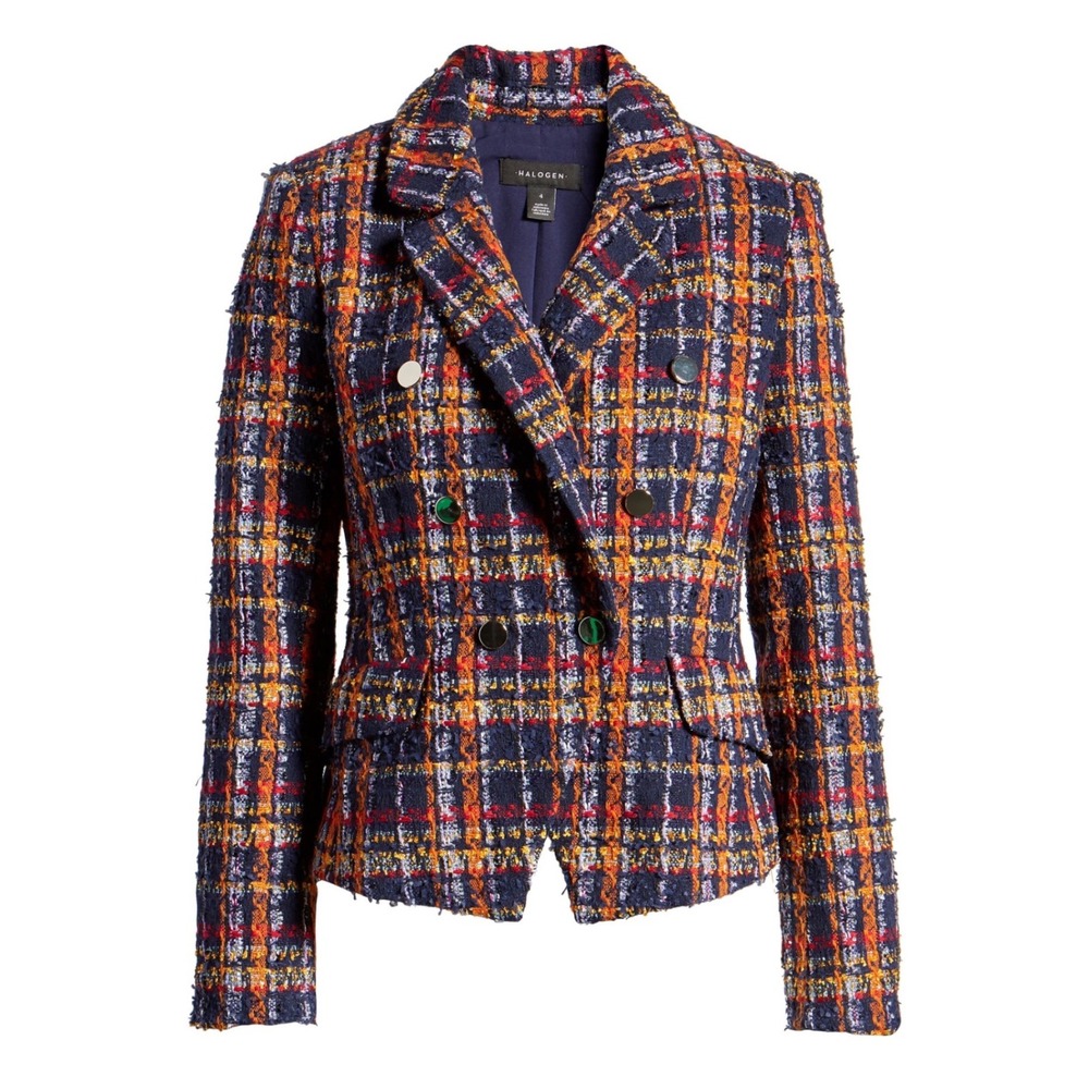 HALOGEN Petite Navy Orange Red & Yellow Plaid Tweed Double-Breasted Blazer | 4P